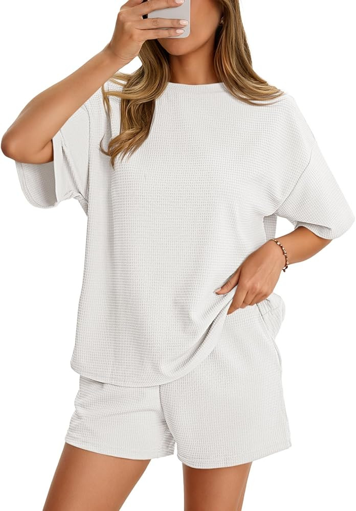 Aoysky Womens Waffle Knit 2 Piece Outfits Casual Short Sleeve Shirts and Shorts Sets Loose Fit Su... | Amazon (US)