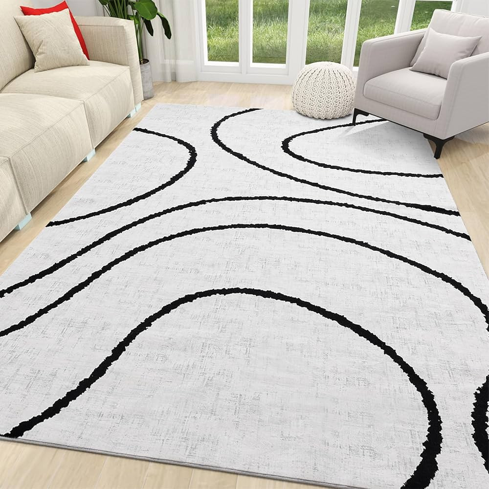 YIHOUSE Modern Abstract Area Rug 8x10, Washable Black and White Rug, Geometric Minimalist Striped... | Amazon (US)
