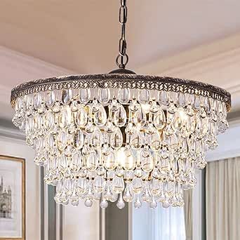 Wellmet Crystal Chandelier, 6-Light 5 Tiers Farmhouse Crystal Light, Adjustable Hanging Bronze Ce... | Amazon (US)