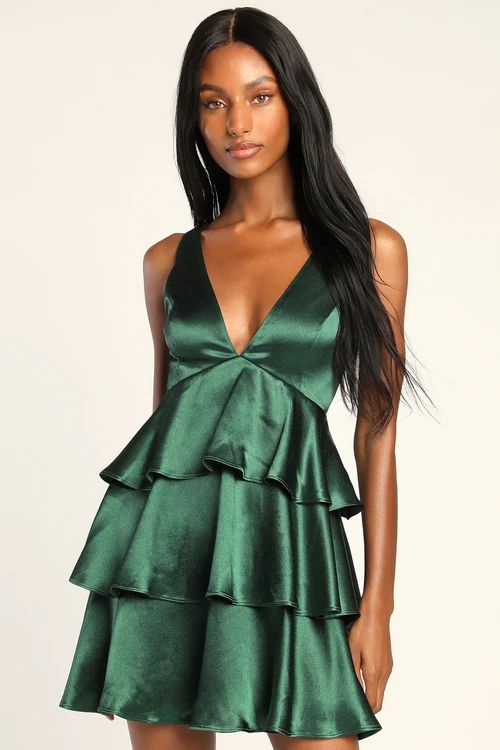 Tiers of Joy Emerald Green Satin Tie-Back Tiered Mini Dress | Lulus (US)