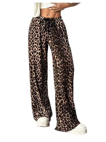 OYOANGLE Women's Leopard Print Elastic Drawstring Waist Pants Trendy Straight Leg Trousers Brown Large | Amazon (US)