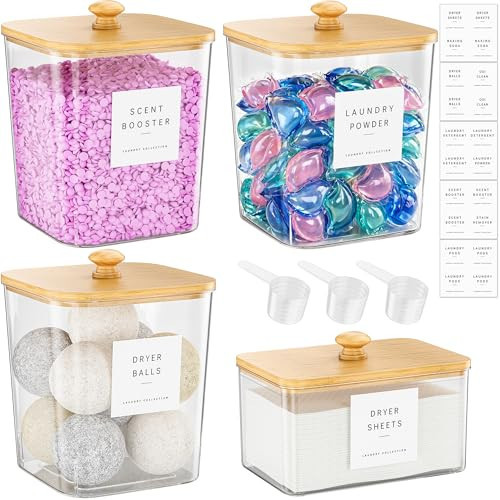 4 Pack Bamboo Laundry Pods Container, Clear Laundry Room Organization Containers,Large Laundry Detergent Powder Storage Containers Lids & Labels, Acrylic Laundry Pods Holder for Scent Booster | Amazon (US)
