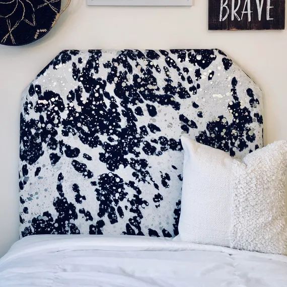 Dorm Room Twin Headboard - Upholstered in Black Cow Hide Print with Silver Flakes - Beveled or Ar... | Etsy (US)