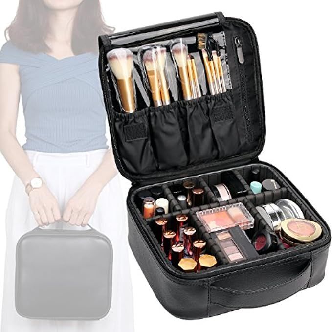 VASKER Makeup Case Travel Cosmetic Bag Leather Organizer Bag with Adjustable Divider Storage Case fo | Amazon (US)
