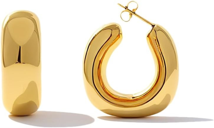 Thick Gold Chunky Hoops Earrings for Women 18K Real Gold Plated Open Hoop Lightweight Hollow Non-... | Amazon (US)