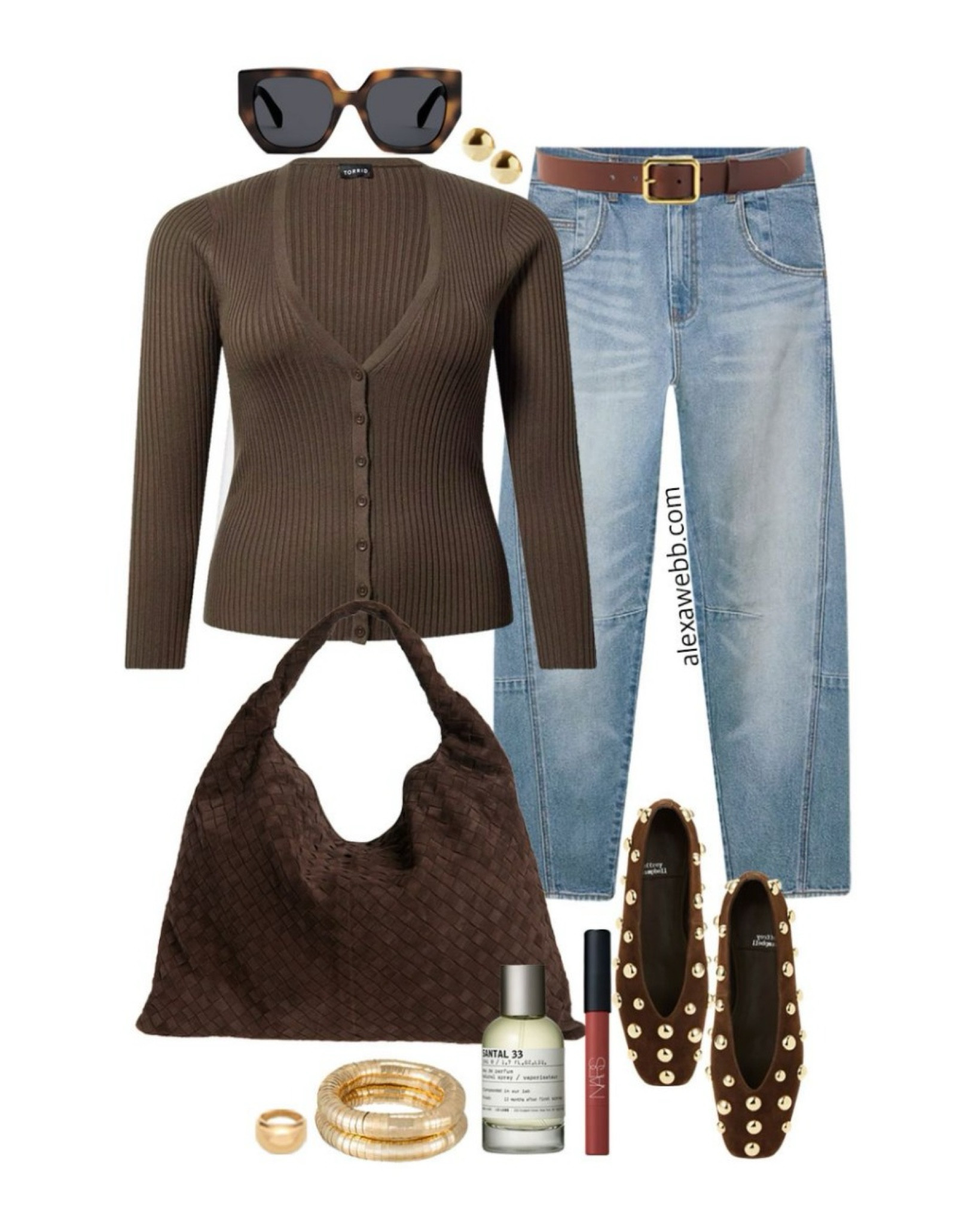 Plus Size Barrel Jeans Outfits - A plus size casual outfit for winter into spring with a chocolate brown cardigan, barrel leg jeans, and studded ballet flats. So trendy and cute for any casual occasion. Alexa Webb #plussize

#LTKStyleTip #LTKSeasonal #LTKPlusSize