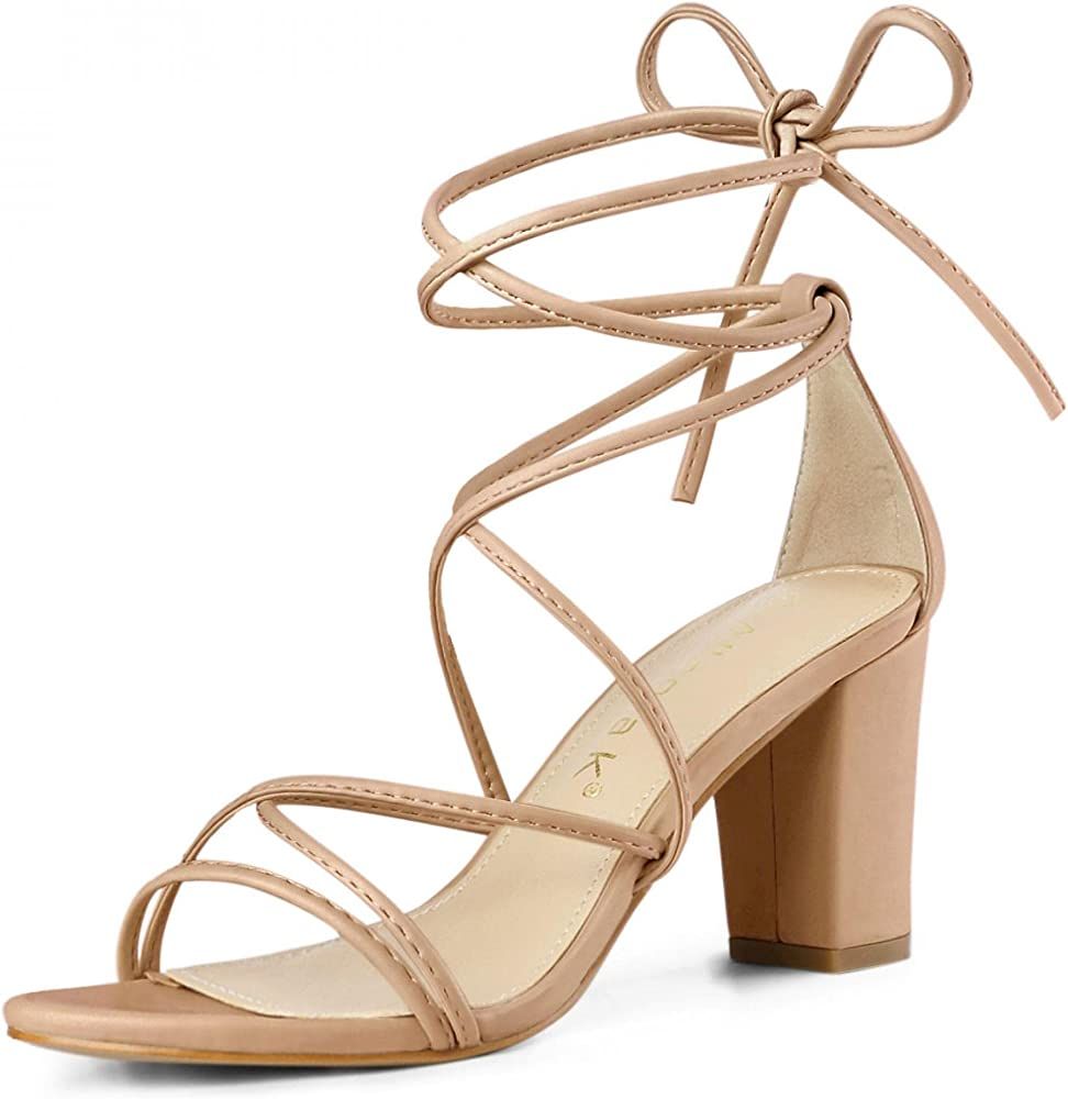 Allegra K Women's Strappy Straps Lace Up Chunky Heel Sandals | Amazon (US)