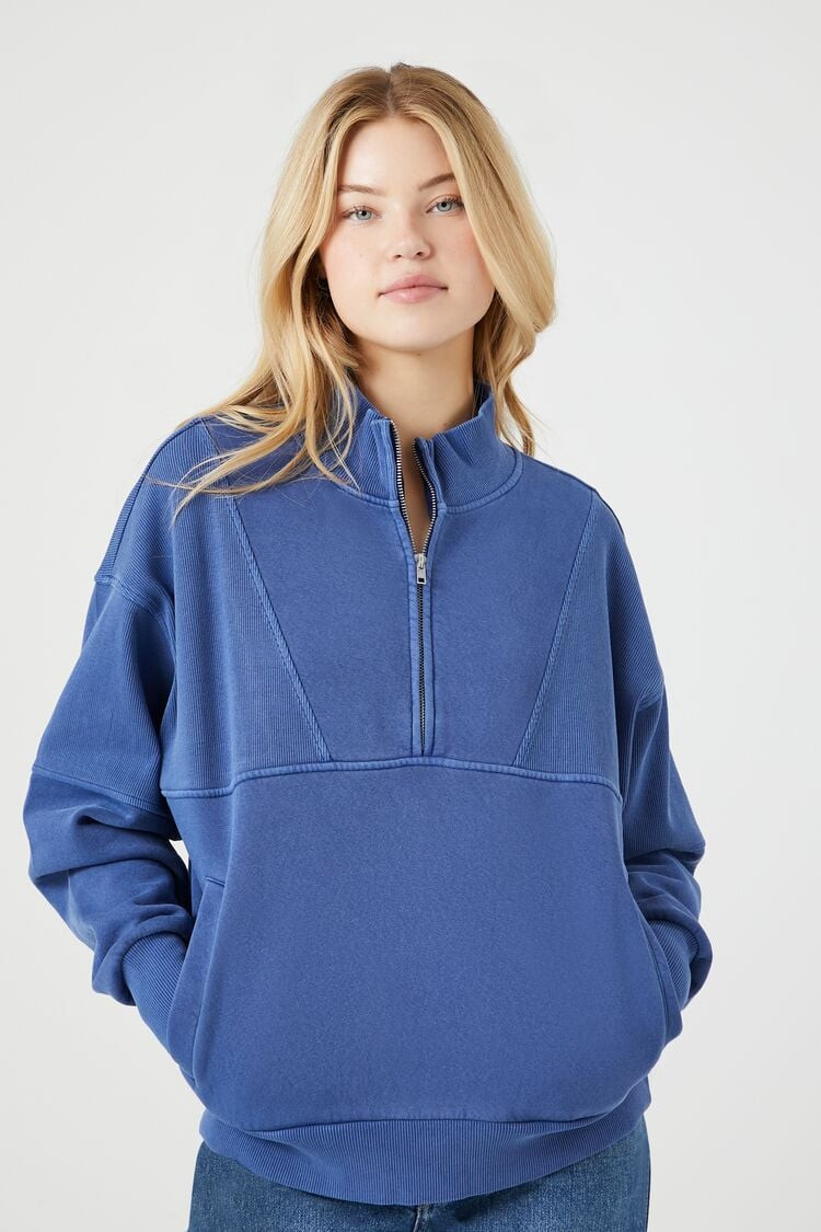 Women's Half-Zip Fleece Pullover in Blue Small | Forever 21
