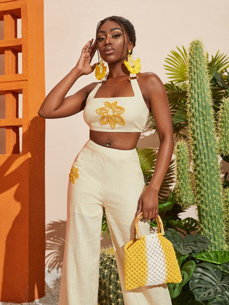 SHEIN SXY Floral Embroidery Cami Top & Pants Set | SHEIN