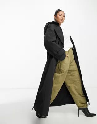 ASOS DESIGN Curve sporty trench coat with a detachable hood in black | ASOS (Global)
