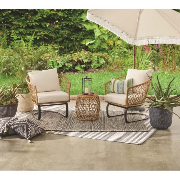 Better Homes & Gardens Ventura 3-Piece White Outdoor Boho Wicker Chat Set, Wicker Frame | Walmart (US)