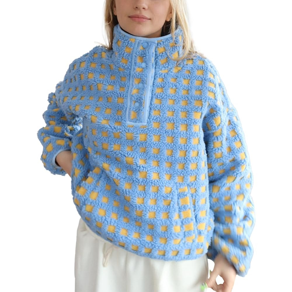 Checkered Fleece Sweatshirt for Women Long Sleeve High Neck Fuzzy Sherpa Hoodie Winter Plaid Pull... | Amazon (US)