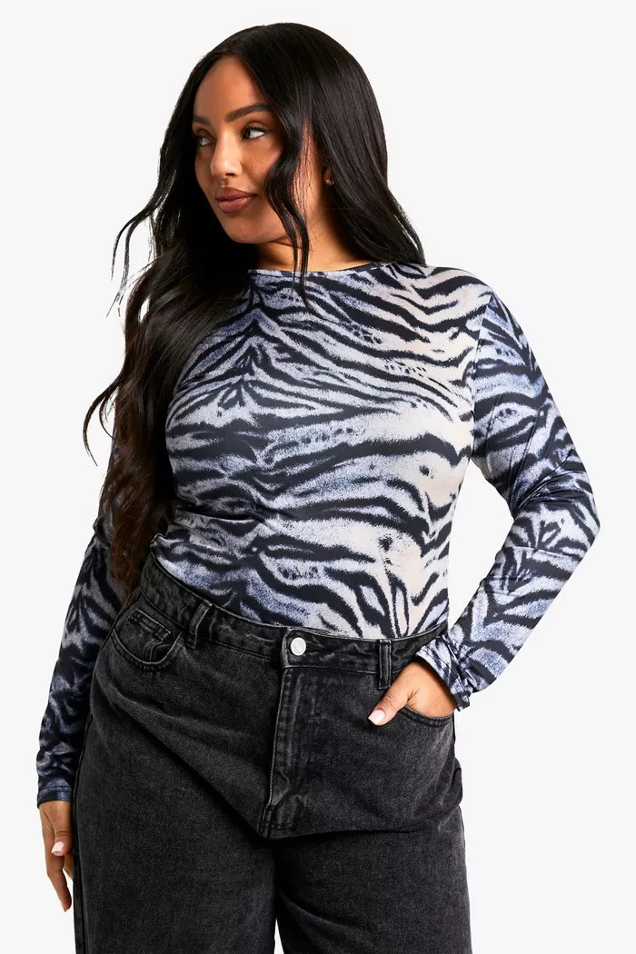 Plus Zebra Print Long Sleeve Fitted Top | boohoo (US & Canada)
