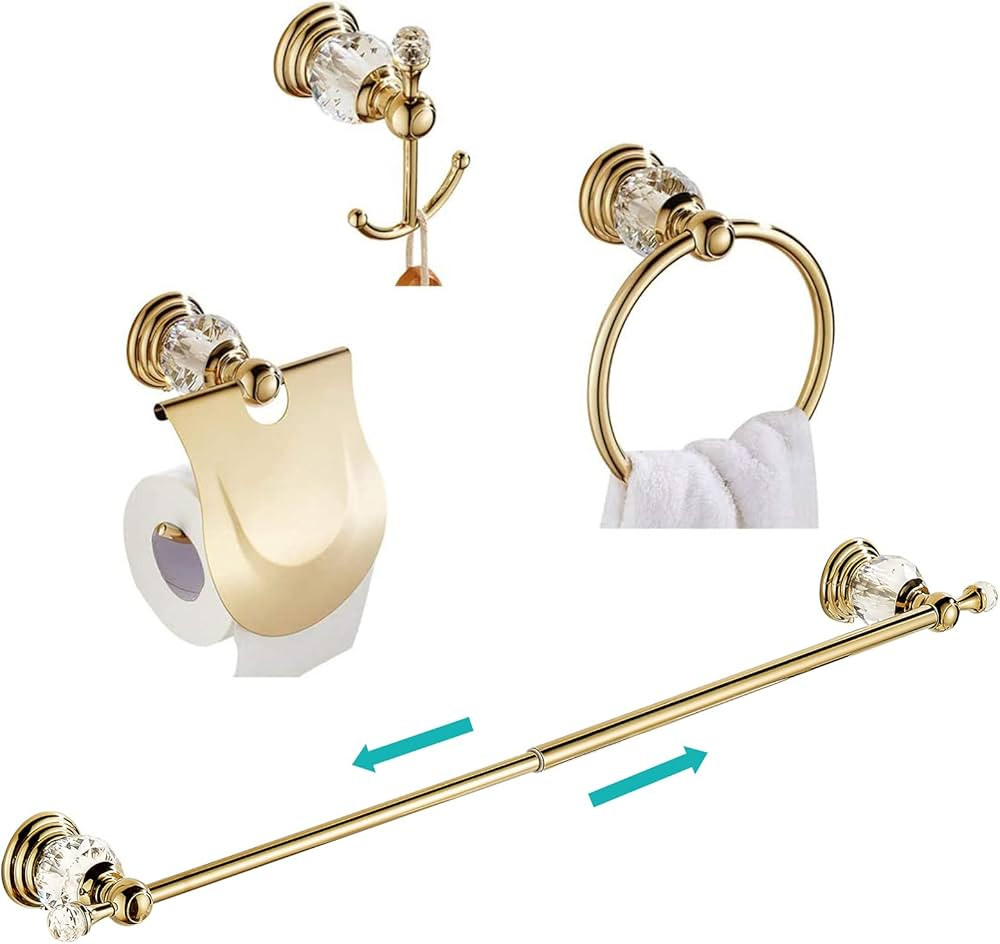 WINCASE Gold Bathroom Accessories, Adjustable Crystal Towel Bar Set, Golden Hardware Set Hand Tow... | Amazon (US)