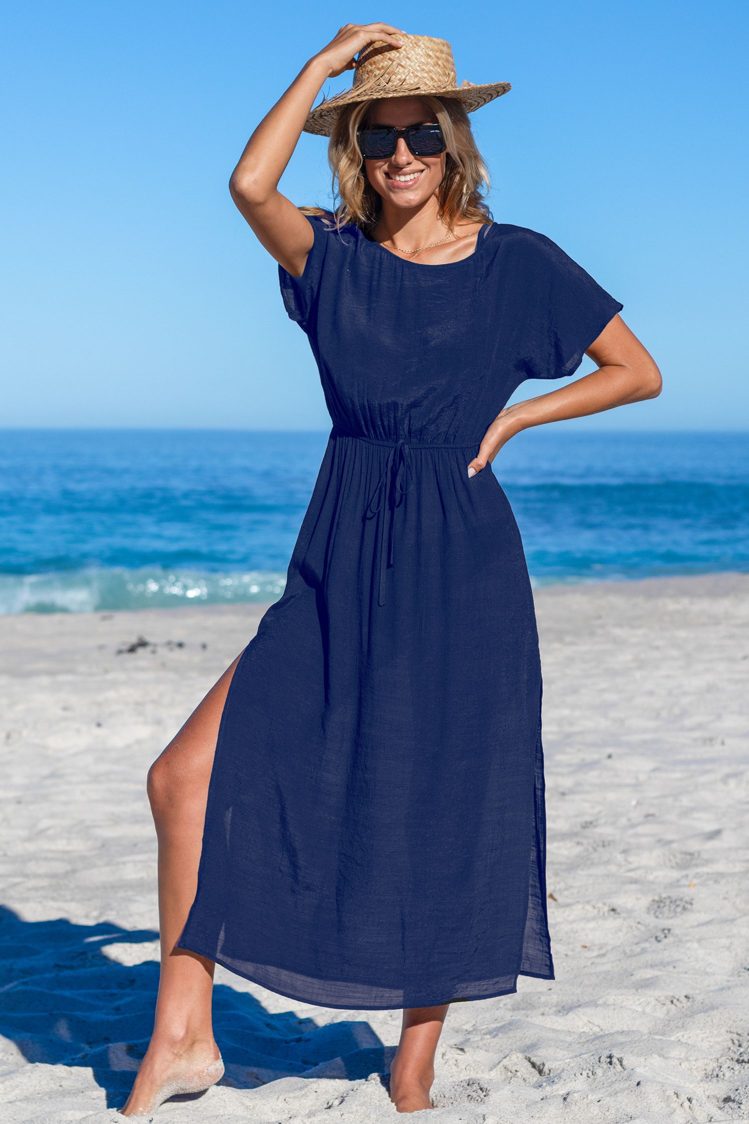 Navy Round Neck Split Seam Maxi Cover-Up | Cupshe US