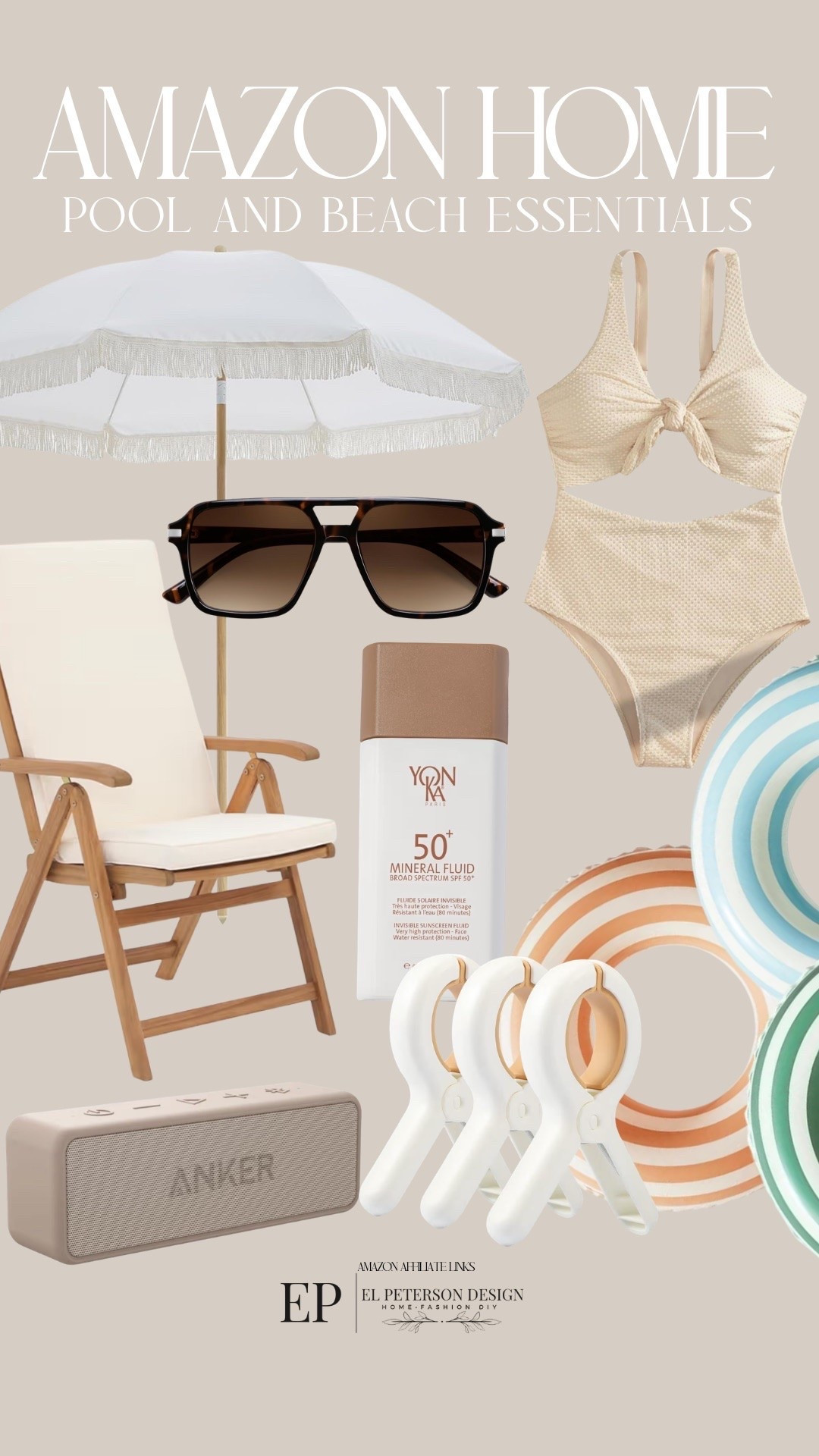 Amazon 
Pool and beach essentials 
Outdoor unbrella
Beach umbrella
Sunglasses
Bathing suits
Towel clips
Sunscreen
Floats