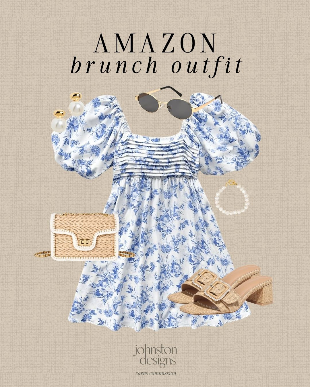 Amazon brunch outfit featuring a blue and white floral puff sleeve dress with a flattering square neckline and soft, feminine silhouette. Styled with woven block heel sandals, a straw crossbody bag, pearl statement earrings, classic sunglasses and delicate jewelry for a polished, effortless look that feels elevated. 🥐

#amazonoutfitinspo #brunchoutfit #springdressstyle #floraldressoutfit #feminineoutfit #amazonfashionfinds #summeroutfitideas #classicstyle #ltkstyle #dressinspo 

 #LTKootd