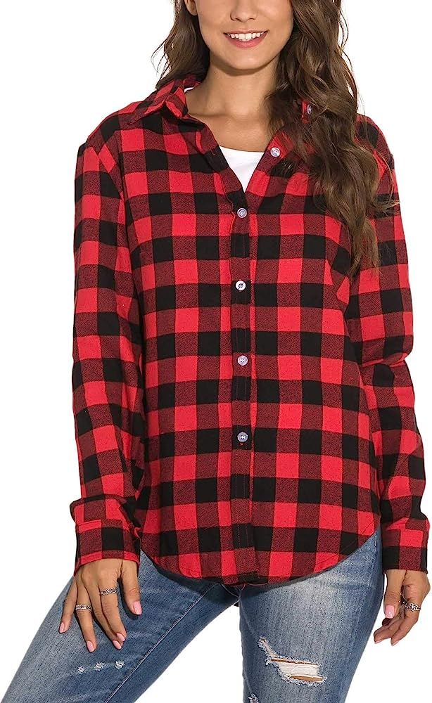 GUANYY Women's Long Sleeve Casual Loose Classic Plaid Button Down Shirt | Amazon (US)