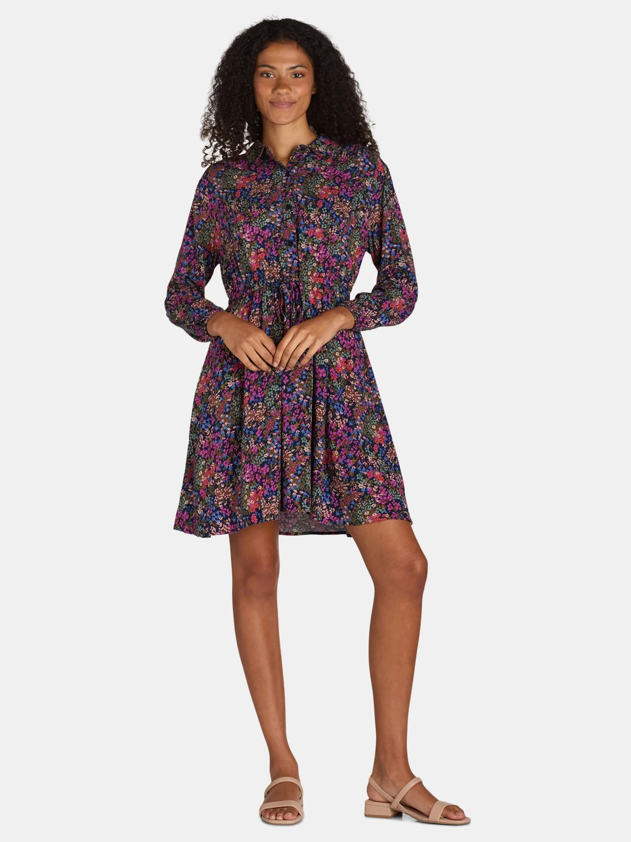 Time and Tru Women's Soft Shirt Dress with Long Sleeves, Sizes XS-XXXL | Walmart (US)