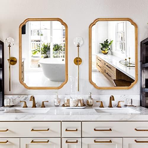 WallBeyond 2 Pack 24 x 36 Inch Wood Wall Mirror for Bathroom with Wood Frame Rounded Corner Arch Wal | Amazon (US)