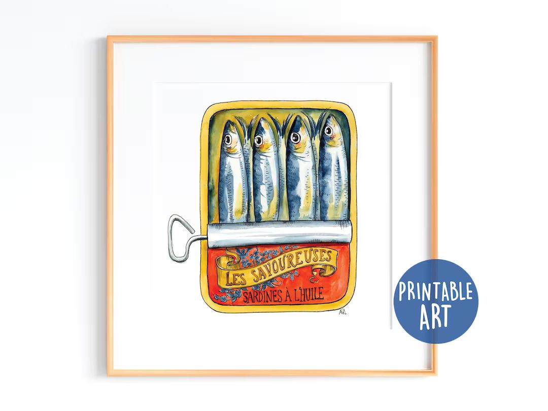 Printable Four Watercolor Sardines in a Vintage Tin, Sardines Wall Art, Kitchen Decoration, Sardi... | Etsy (US)