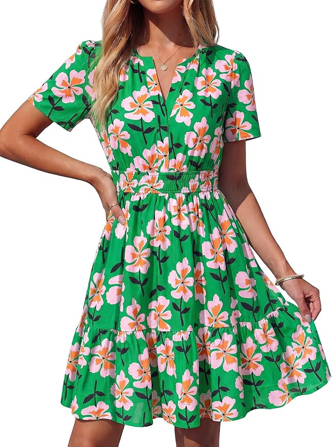 BTFBM Summer Dresses for Women 2026 Lightweight Casual Short Sleeve Floral Mini Dress A Line Beac... | Amazon (US)