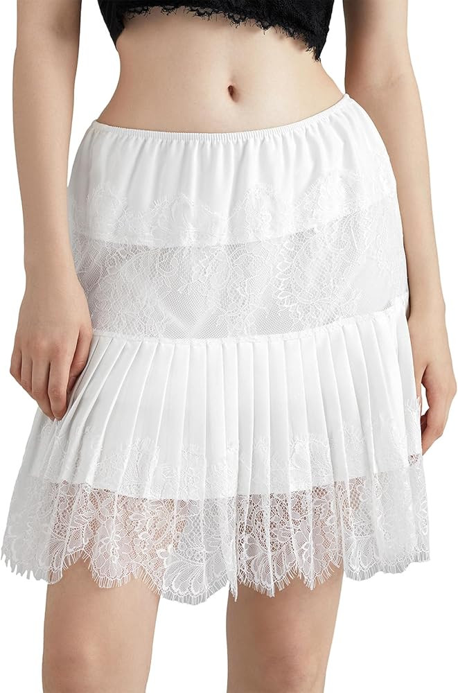 Women Y2k Lace Slip Skirt Mini Ruffle Pleated Flowy Short Skirts | Amazon (US)