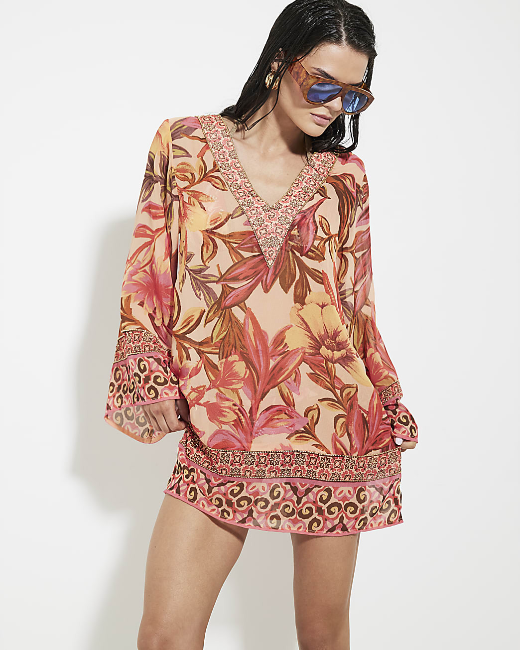 Multi Colour Floral Chiffon Tunic Beach Dress | River Island UK & IE