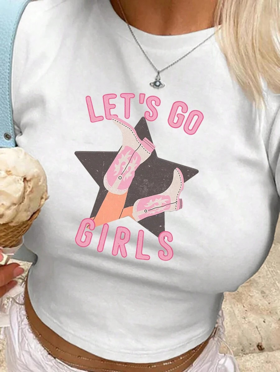 SHEIN MOOSTA Women's Summer Pink Western Cowgirl Boots Short Top Graphic Tees Women Tops | SHEIN