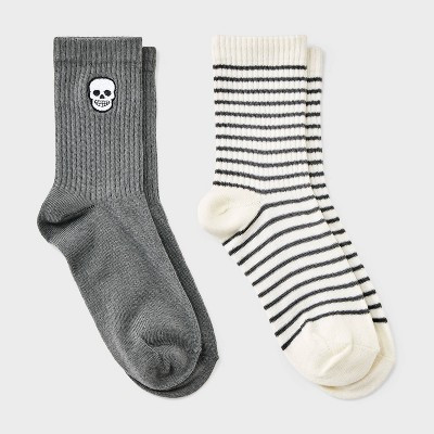 Girls' 2pk Halloween Skeleton & Striped Socks - Cat & Jack™ Gray/White Striped M | Target