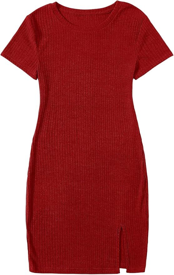 Milumia Women's Elegant Ribbed Knit Split Hem Short Sleeve Bodycon Pencil Mini Dress | Amazon (US)