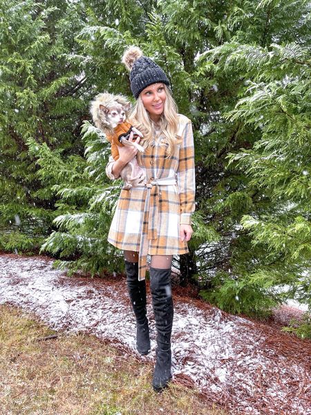 Love this plaid shirt dress!

Winter outfit, dog coat, beanie, over the knee boots

#LTKFind #LTKstyletip #LTKSeasonal