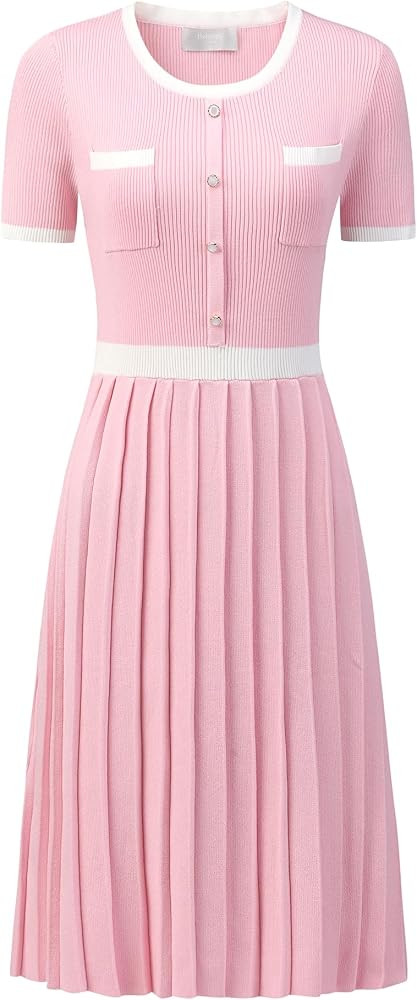 Women's Pleated Sweater Dress Ribbed Contrast Color Elegant Dress | Amazon (US)