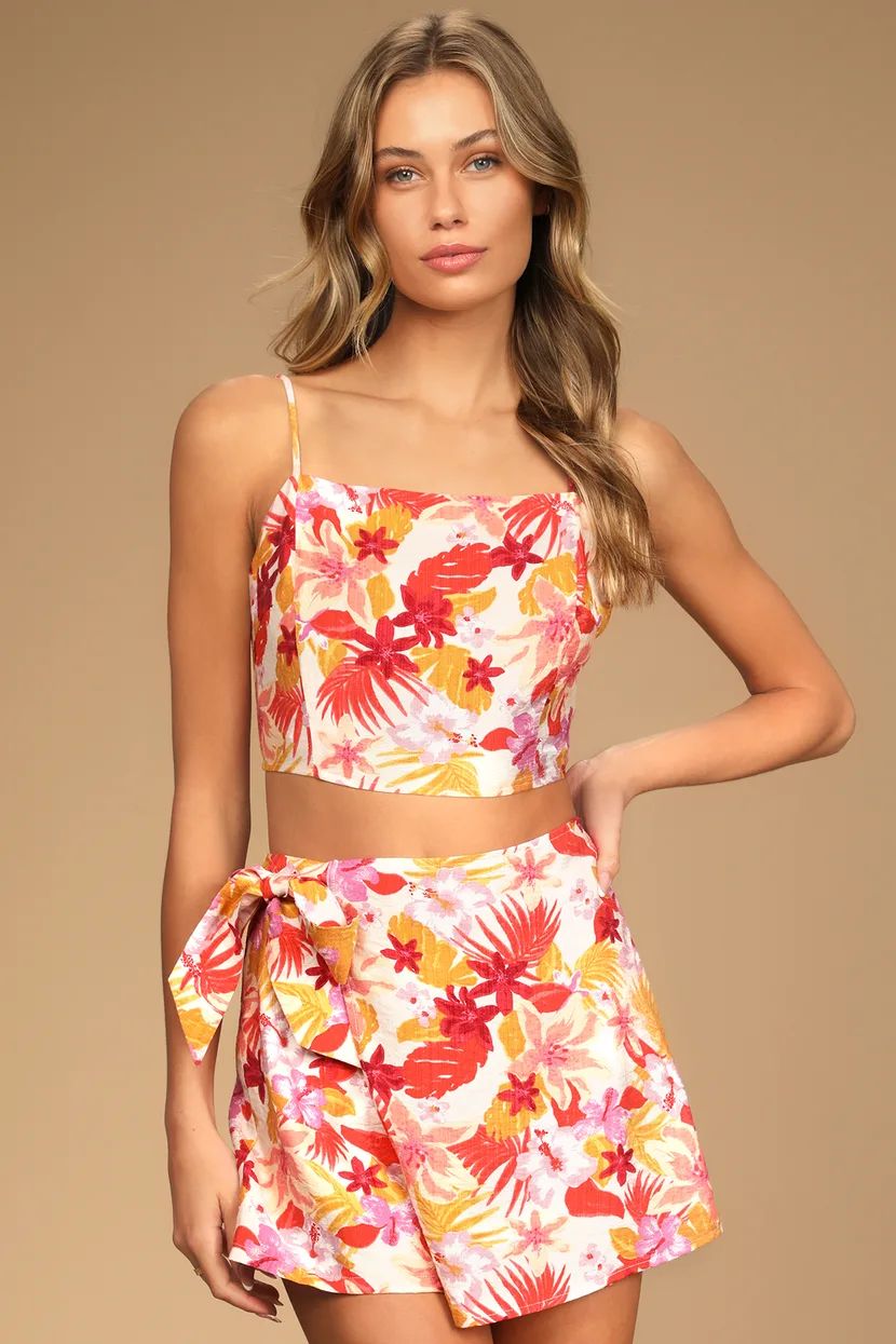 Tropical Destinations Cream Floral Print Side-Tie Mini Skort | Lulus (US)