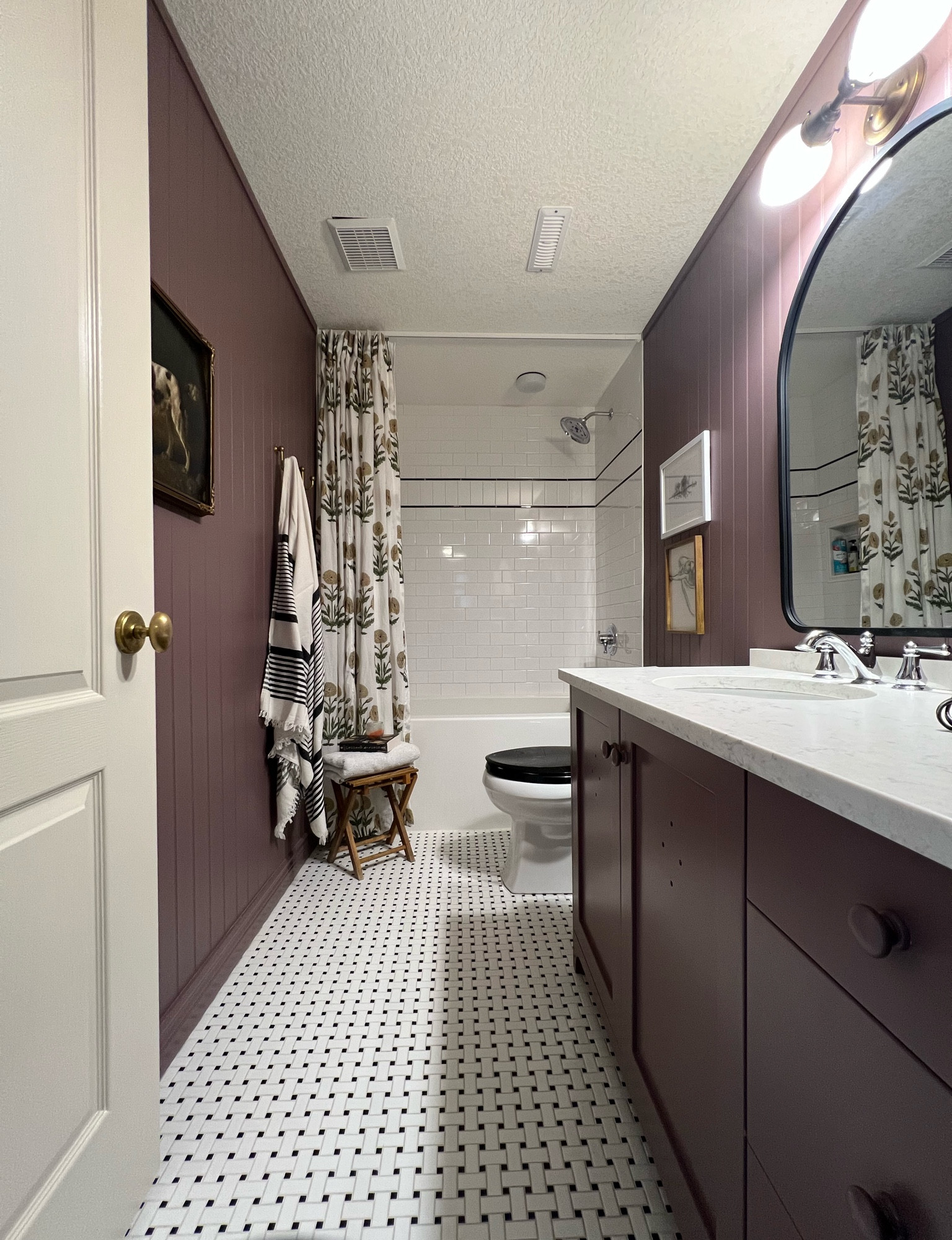 Kids bathroom sources 

Modern traditional bathroom mirror, ceramic tile, lighting, shower curtain 