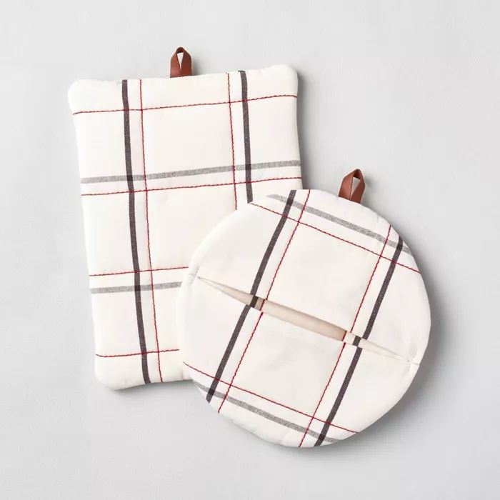 2pc Plaid Potholder Set Railroad Gray/Red - Hearth & Hand™ with Magnolia | Target