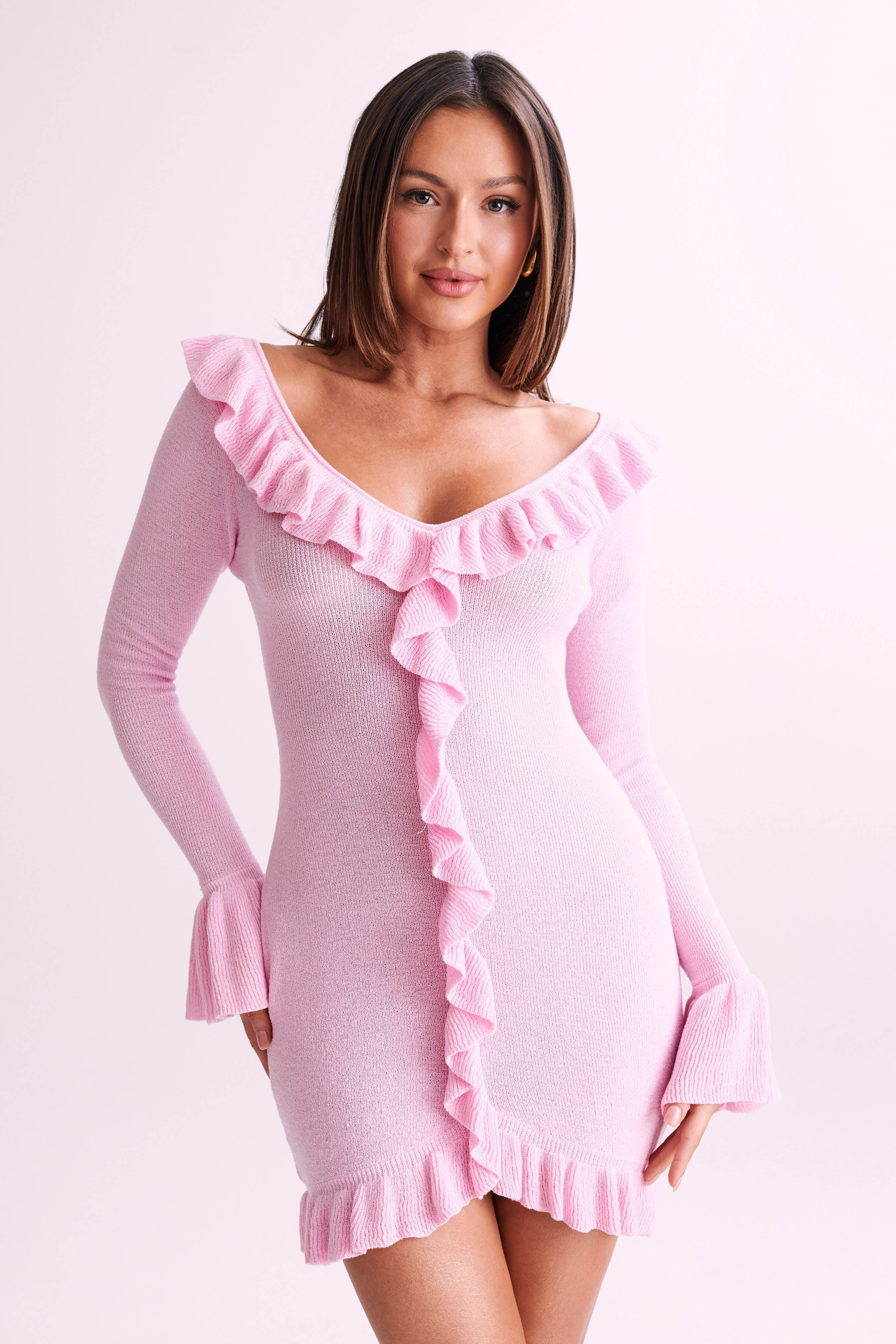 Karolina Knit Mini Dress With Frill - Blush Pink | MESHKI US