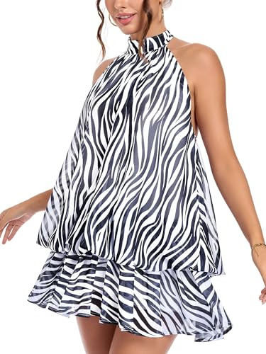 NWFZCCP Chiffon Dresses for Women Elegant Sleeveless Backless Halter Mini Dress Y2k Backless Ruffle Bubble Going Out Black and White Stripe Small | Amazon (US)