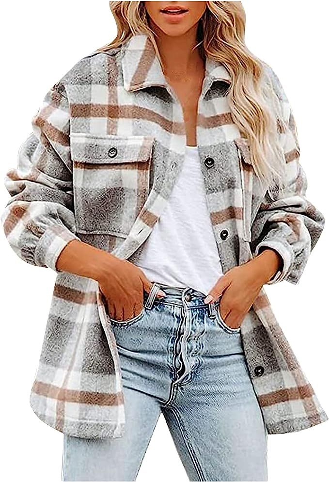 Women's Fall Flannel Plaid Shacket Jacket Casual Boyfriend Button Down Shirts Coats Long Sleeve O... | Amazon (US)