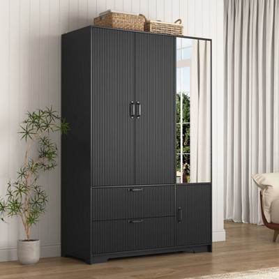 GDFStudio Keno Modern Mirror Wardrobe with 4 Doors, 2 Drawers and Automatic Motion Sensor Light, Black | Target