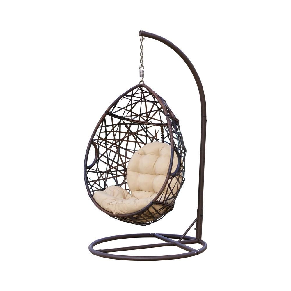 Stefanie Brown Wicker Patio Swing with Beige Cushion | The Home Depot