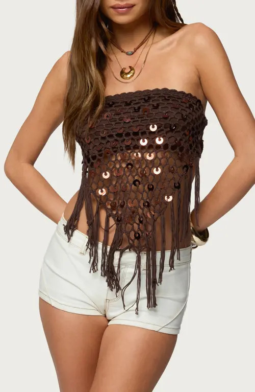 EDIKTED Handkerchief Open Back Crochet Top in Brown at Nordstrom, Size Small | Nordstrom