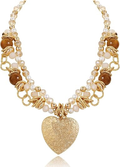 Bocar Heart Pendant Necklace for Women Trendy Retro Layered Statement Necklace Unique Jewelry Gif... | Amazon (US)