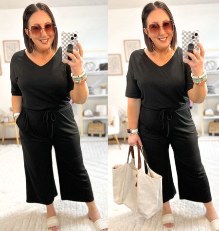 Amazon wide leg jumpsuit!  Love this one in black. Has a button in the back but the neckline is so stretchy, I was able to get this on and off very easily without having to unbutton it!  🙌

XL in mine.  

Sandals run tts  

#LTKfindsunder50 #LTKmidsize #LTKSeasonal