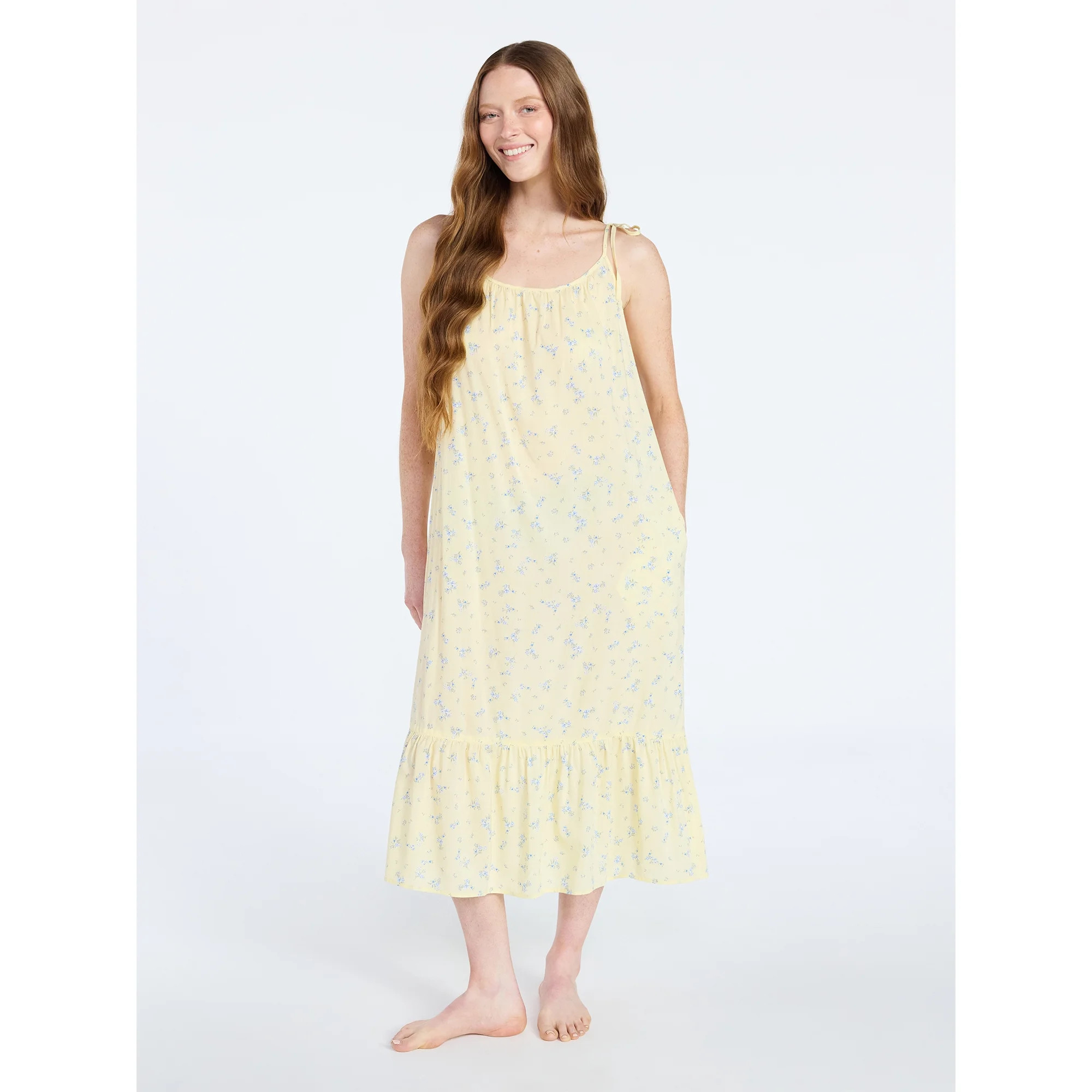 Joyspun Women's Woven Midi Sleep Gown with Shoulder Tie, Sizes XS to 3X | Walmart (US)