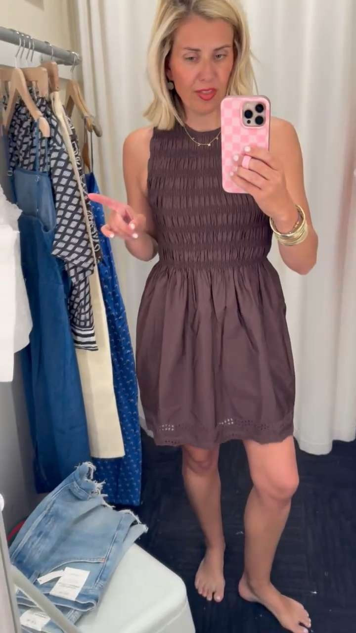 #LTKxMadewell 20% off sitewide! Obsessed with this little brown dress. The smocking is so cute, love the high neck. Big pockets and so many ways to style! Wearing size xs in dress and 8.5 in shoes. 

 #LTKxMadewell #LTKootd #LTKSaleAlert