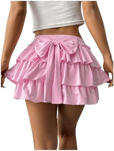 Women's Bow Back Mini Skirt Elastic Low Waist Layered Ruffle Hem Short Cake Skirts | Amazon (US)