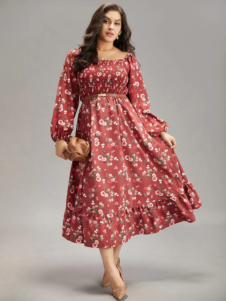 Floral Print Shirred Elastic Cuffs Dress | Bloomchic