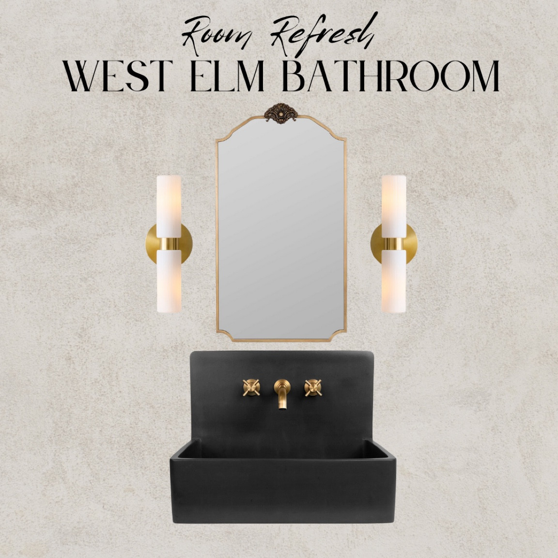 West Elm Bathroom powder room refresh, oak vanity, marble top, black faucet, gold faucet, white lighting textured mirror, oval mirror #westelm #powderroom organic modern black floating vanity gold light fluted sconces, gold antique mirror frame#LTKSale

#LTKSeasonal #LTKHoliday #LTKhome