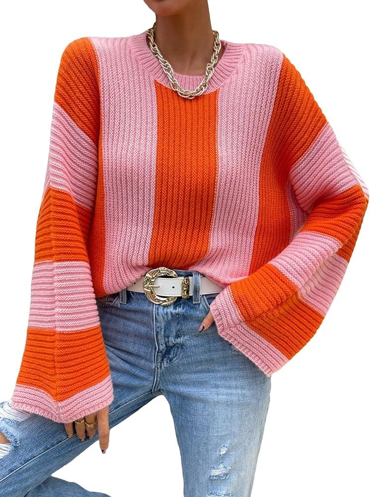 Verdusa Women's Colorblock Bell Sleeve Mock Neck Knit Sweater Pullover Top | Amazon (US)